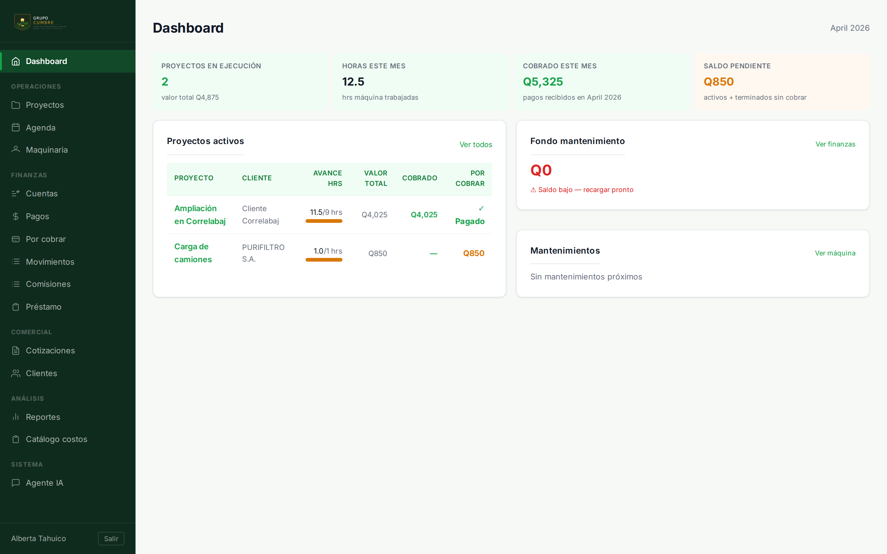 MaquiTrack — Dashboard de gestión de maquinaria pesada